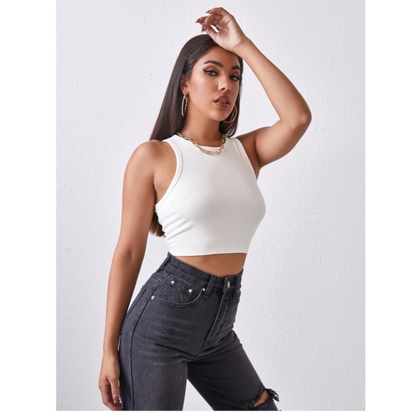 Rib-Knit White High Neck Crop Tank Top - Picture 11 of 16